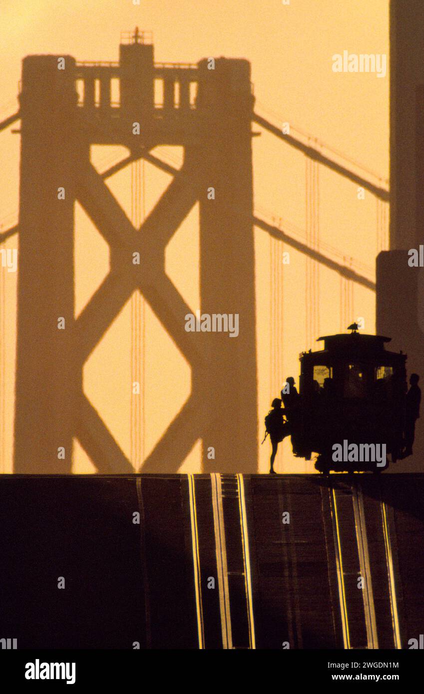 Boarding the California Street cable car on Nob Hill, at sunrise, San Francisco, California Stock Photo