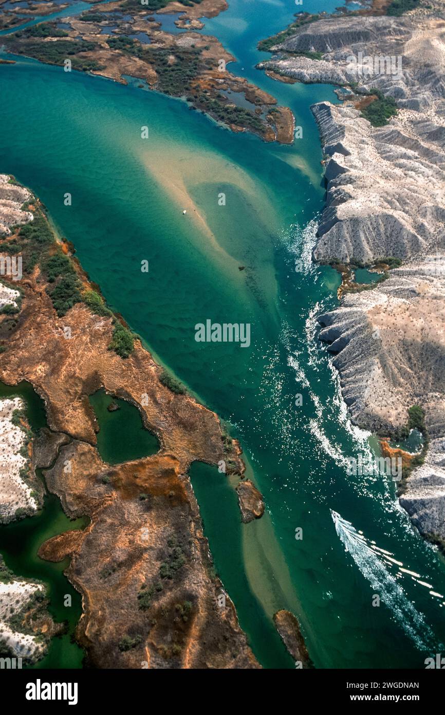 Aerial of Blankenship Bend, on the Colorado River north of Lake Havasu City, Arizona Stock Photo