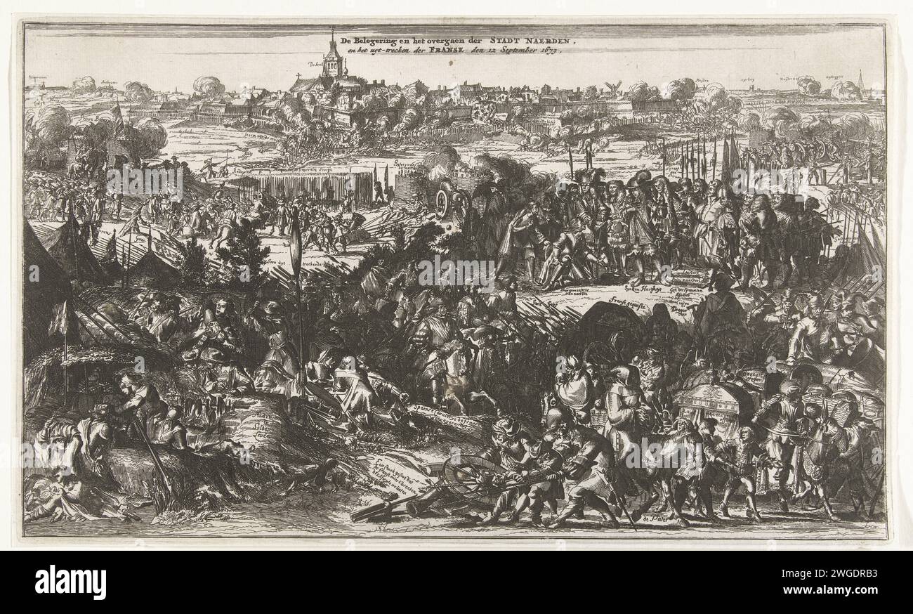Siege and conquest of Naarden by the Prince of Orange, 1673, 1673 - 1675 print Siege and conquest of Naarden by the Prince of Orange, 12 September 1673. In the foreground scenes from the soldier life in the army camp. In the middle, the mayor of Naarden kneels for the prince who is surrounded by his staff of officers. In the distance the siege and the storming of the city. Northern Netherlands paper etching siege, position war. capture of city (after the siege) Naarden Stock Photo