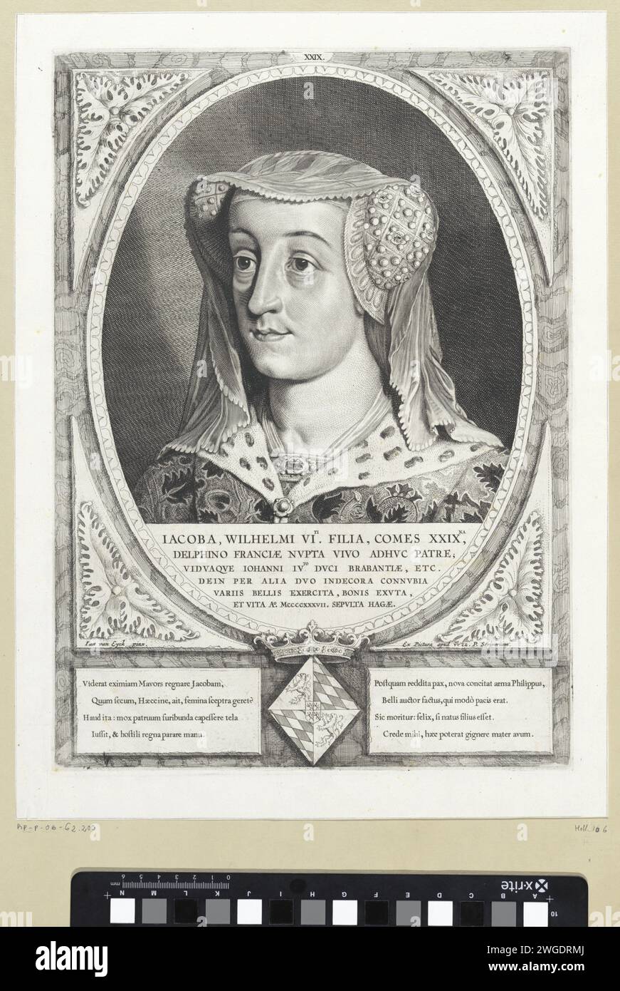 Portrait of Jacoba van Beieren, Cornelis Visscher (II), after Jan van Eyck, 1650 print Jacoba van Bavaria, Countess of Holland, Zeeland and Hainaut. She wears a veil and a headdress, decorated with pearls and precious stones. Print from a series of 38 prints with portraits in full of graves and engines of Holland. Haarlem paper engraving / etching nobility and patriciate; chivalry, knighthood Stock Photo