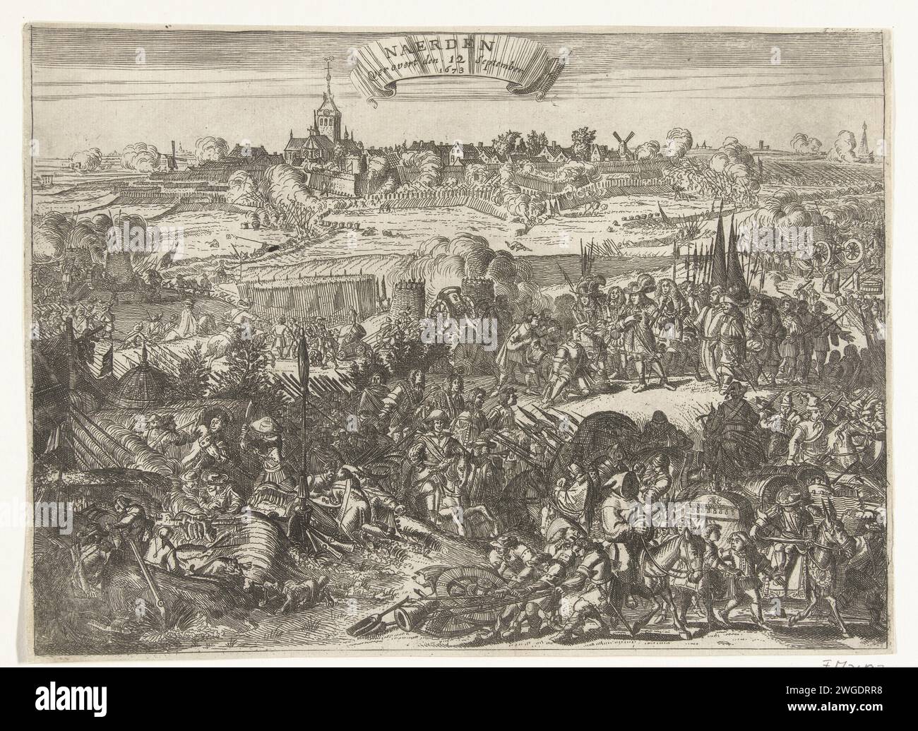 Siege and conquest of Naarden by the Prince of Orange, 1673, 1673 - 1675 print Siege and conquest of Naarden by the Prince of Orange, 12 September 1673. In the foreground scenes from the soldier life in the army camp. In the middle, the mayor of Naarden kneels for the prince who is surrounded by his staff of officers. In the distance the siege and the storming of the city. Northern Netherlands paper etching / engraving siege, position war. capture of city (after the siege) Naarden Stock Photo