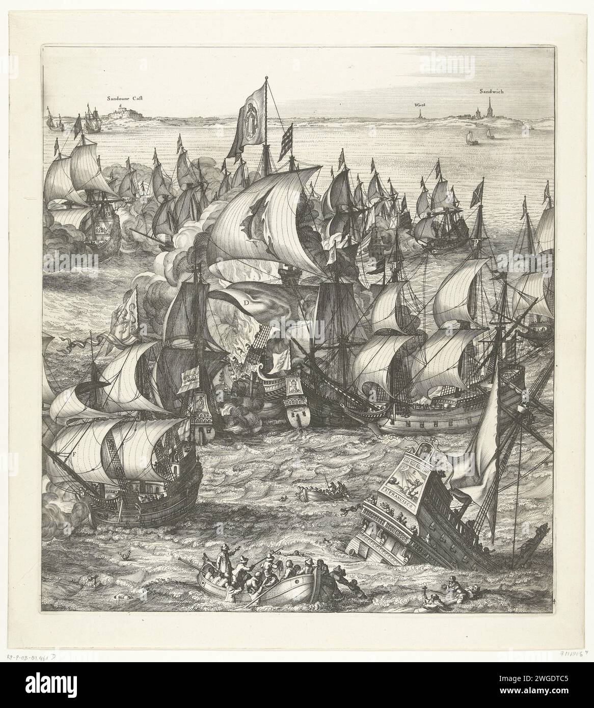 The large sea battle at Duins (plate 4), 1639, 1640 - 1643 print Large representation of the sea battle at Duins between the Spanish fleet under the command of Antonio de Oquendo and the State fleet under Maarten Harpertsz. Tromp, October 21, 1639. Page 4: Fighting at sea, centrally the destruction of the Santa Teresa, in the foreground, the sinking St. Francisco drowning people are removed from the water. In the background the English coast at Sandwich. Unassembled ensemble consisting of 7 numbered plates, the black strips with the title and text sheet with the description. Amsterdam paper et Stock Photo