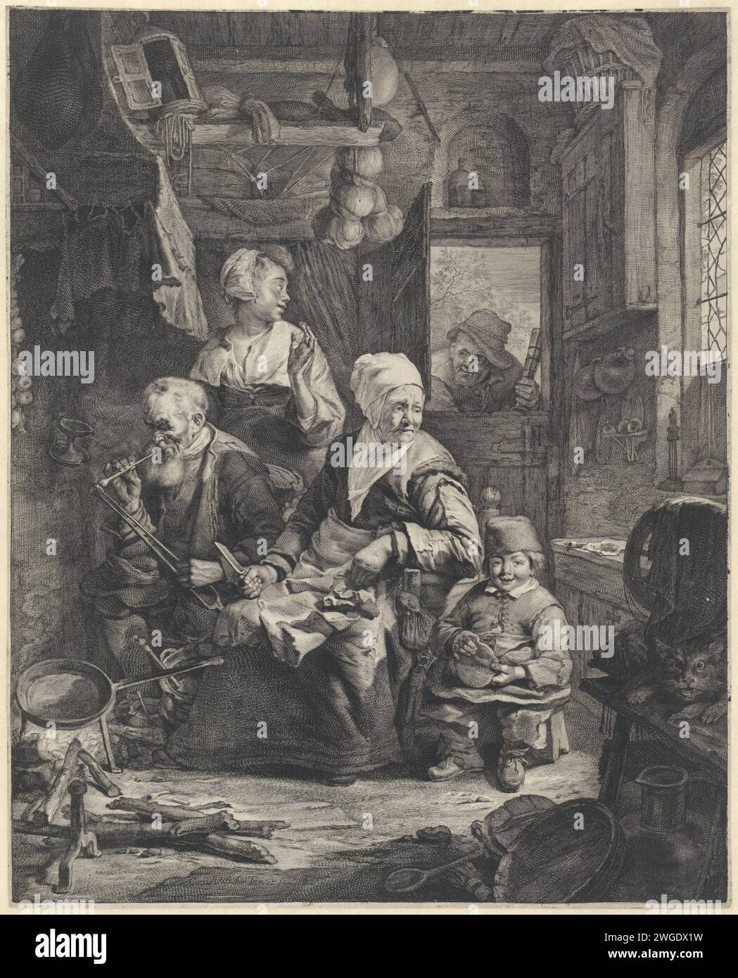 Pancake Bakster, Cornelis Visscher (II), 1638 - 1658 print In a kitchen an old woman is baking pancakes for a fire. The frying pan is on the fire. Next to her a man with a pipe and a child with a pancake. Behind the smoking man a young woman and a small child. In the doorway is an old man with a glass. On the right a cat. Haarlem paper engraving / etching pancakes. kitchen-interior. cat. pipe  tobacco Stock Photo