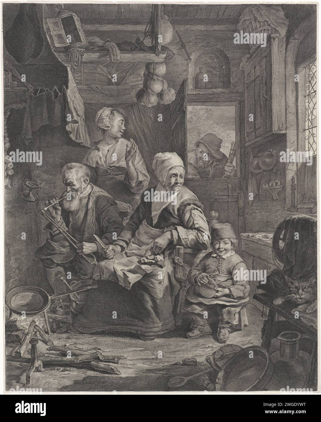 Pancake Bakster, Cornelis Visscher (II), 1638 - 1702 print In a kitchen an old woman is baking pancakes for a fire. The frying pan is on the fire. Next to her a man with a pipe and a child with a pancake. Behind the smoking man a young woman and a small child. In the doorway is an old man with a glass. On the right a cat. Haarlem paper etching / engraving pancakes. kitchen-interior. cat. pipe  tobacco Stock Photo