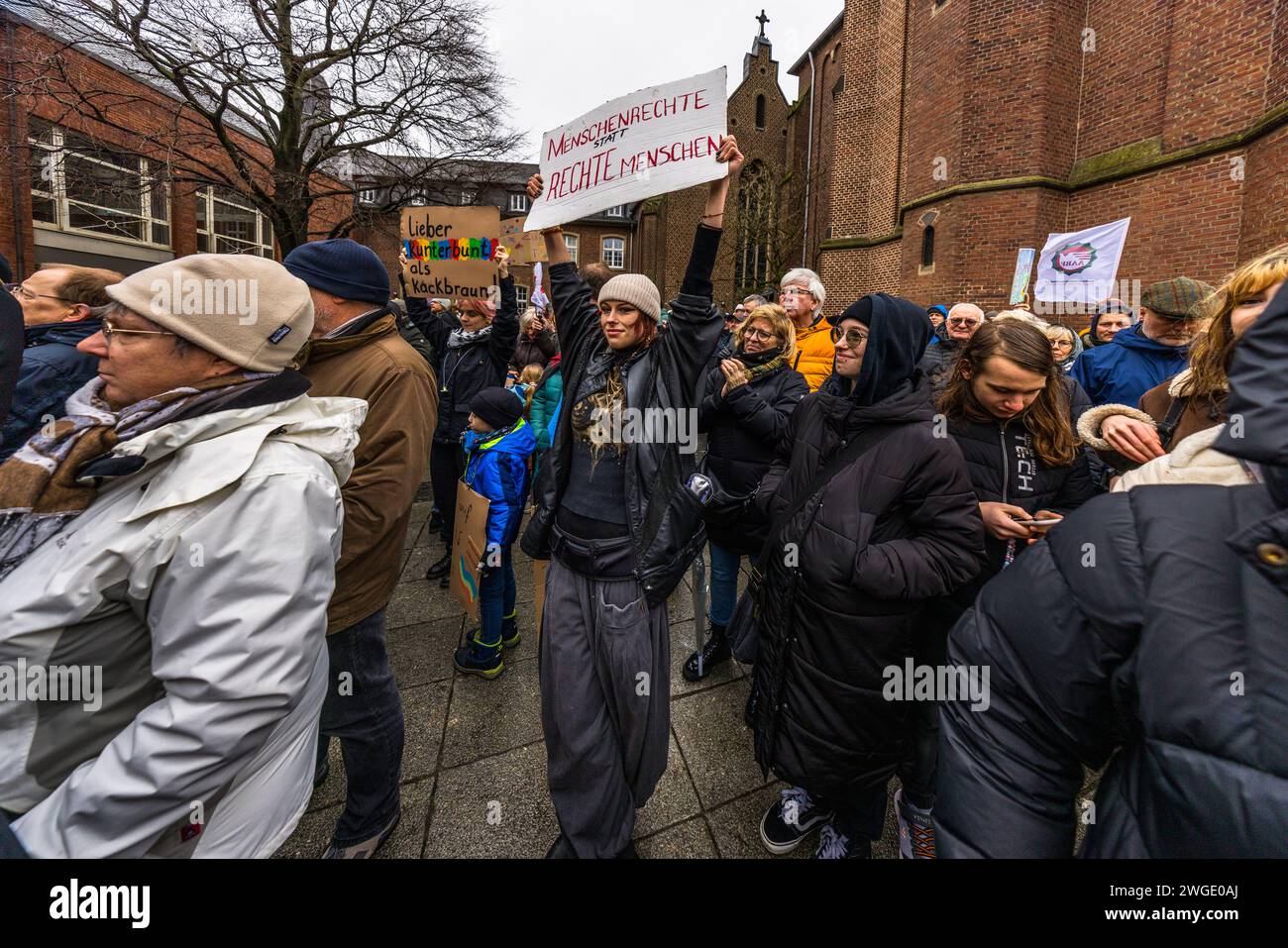 Human rights instead of right-wing people. Demonstration against right-wing extremism on 4.2.2024 in Grevenbroich, Germany Stock Photo