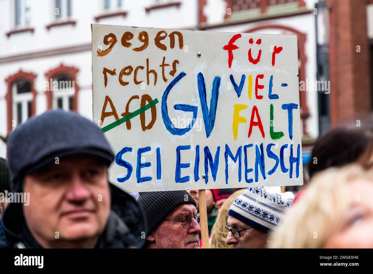 Against the right. GV for diversity. Be a human being. Demonstration against right-wing extremism on 4.2.2024 in Grevenbroich, Germany Stock Photo