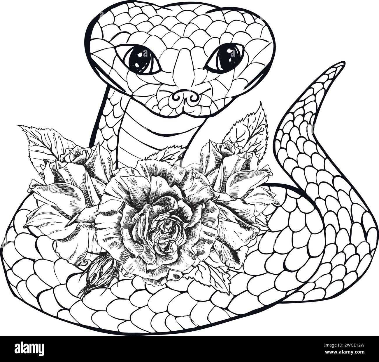 Beautiful and cute with roses flowers black a serpent snake line art separately on a white background. Vector cartoon illustration, page coloring book Stock Vector