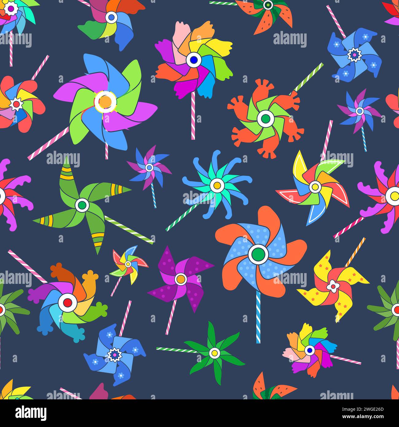 Windmill toys cartoon seamless pattern with colored round windmill Stock Vector