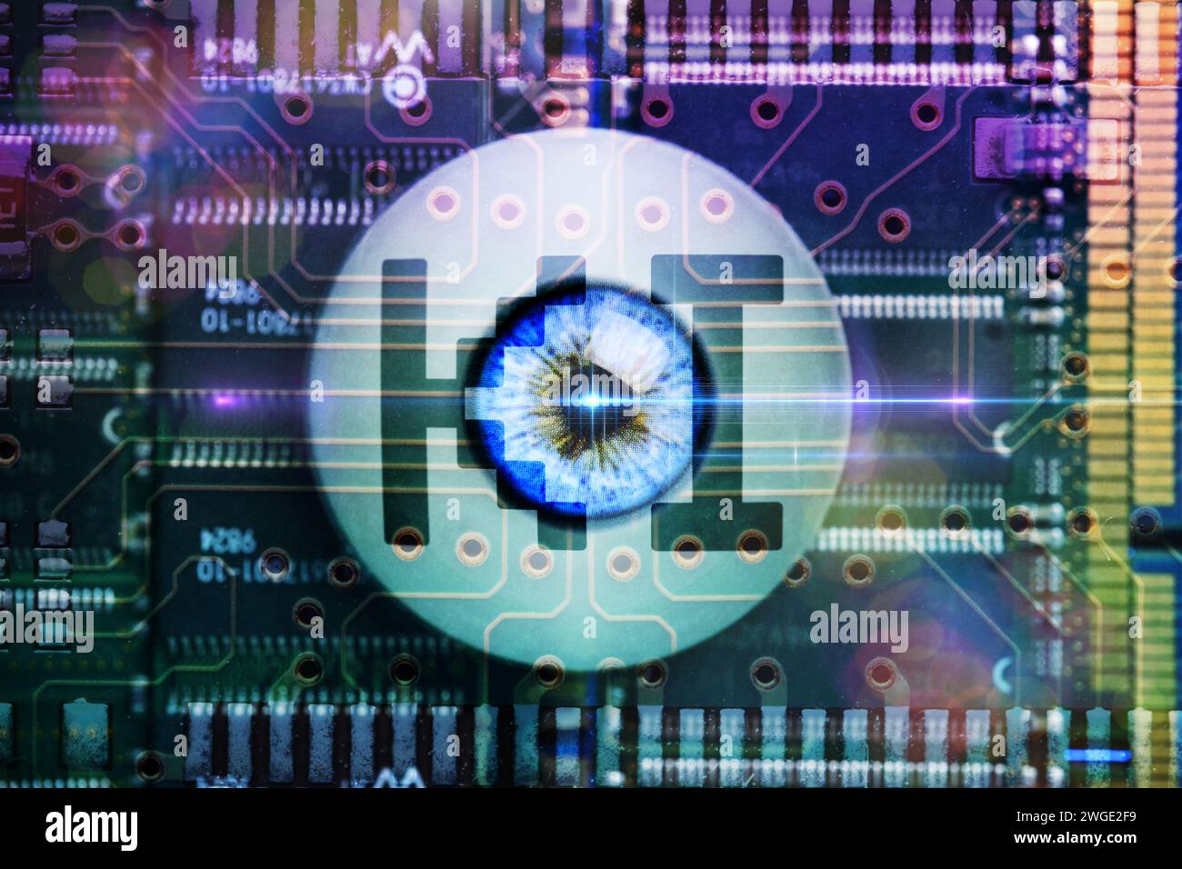 Artificial Eye With Inscription AI Is Located On Computer Board, Symbol Photo Artificial Intelligence, Deep Learning, Photomontage Stock Photo