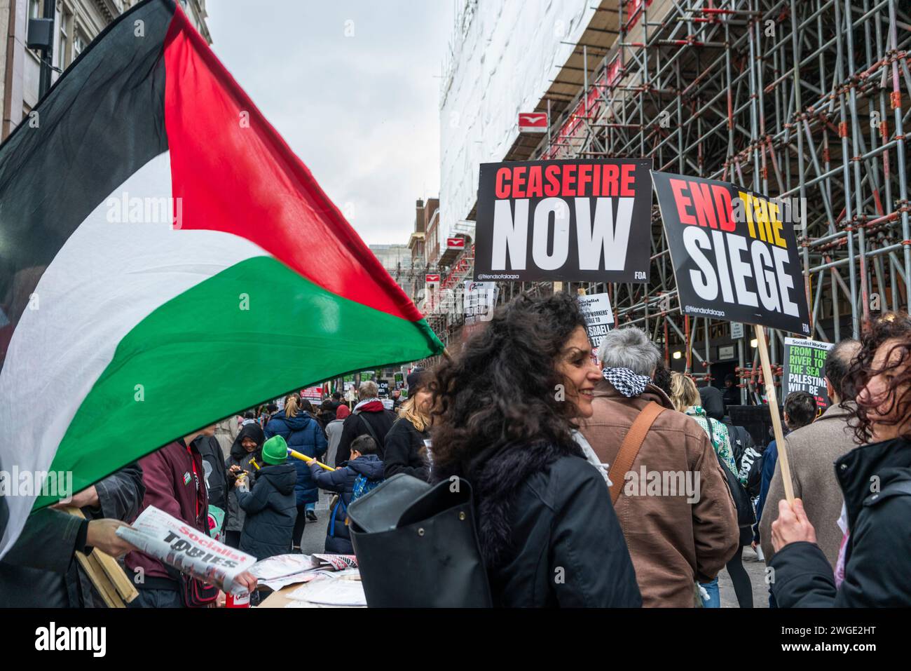 London, UK. 3rd February 2024. Ceasefire now and End the Siege banners