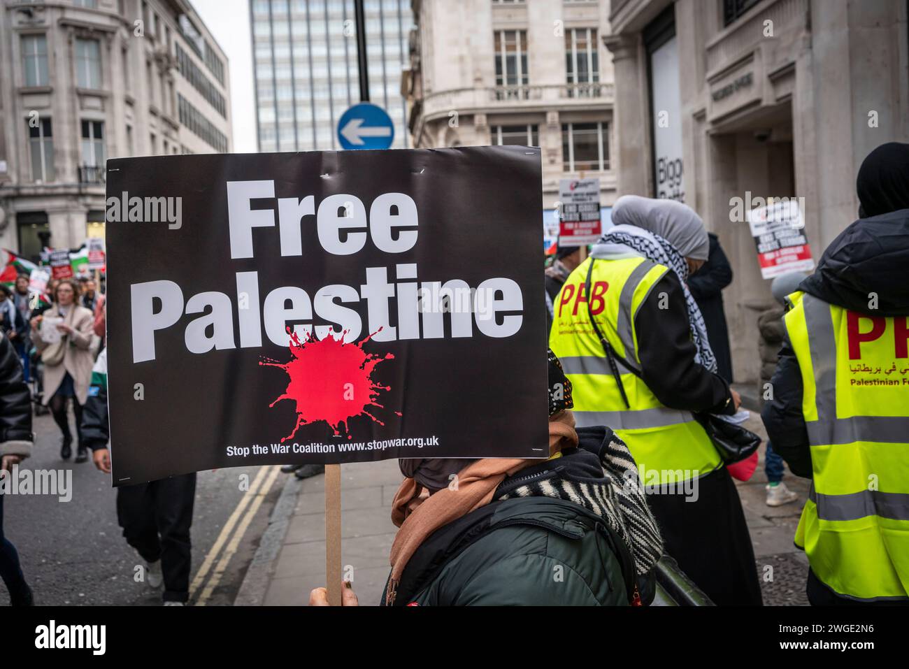 London, UK. 3rd February 2024. Free Palestine banner held by a peace