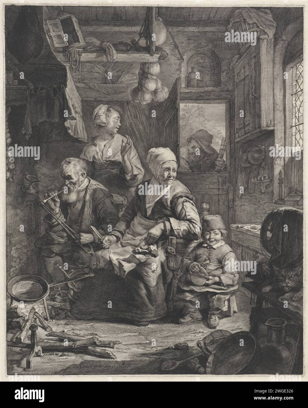 Pancake Bakster, Cornelis Visscher (II), 1638 - 1658 print In a kitchen an old woman is baking pancakes for a fire. The frying pan is on the fire. Next to her a man with a pipe and a child with a pancake. Behind the smoking man a young woman and a small child. In the doorway is an old man with a glass. On the right a cat. Haarlem paper etching / engraving pancakes. kitchen-interior. cat. pipe  tobacco Stock Photo