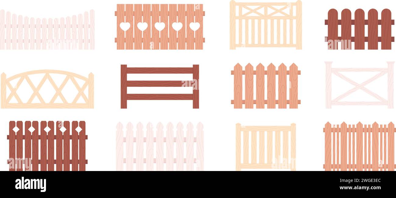 Cartoon fences. Isolated wooden fence, farm or garden railing elements. Fencing decorative sections. Flat backyard gates racy vector clipart Stock Vector