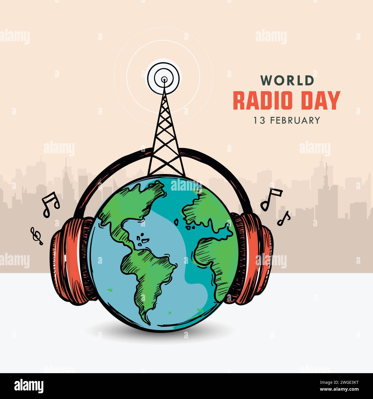 Earth wearing Headphones, 13th February - World Radio Day Concept Vintage style Hand drawn flat line art Vector Illustration. Stock Vector