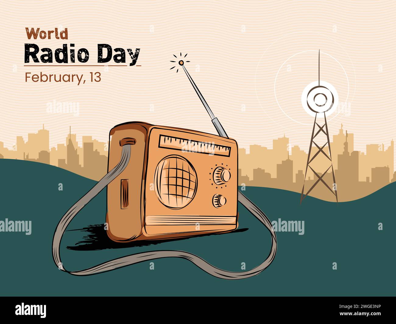 13th February - World Radio Day World Radio Day concept, hand drawn flat line art Vector Illustration Stock Vector
