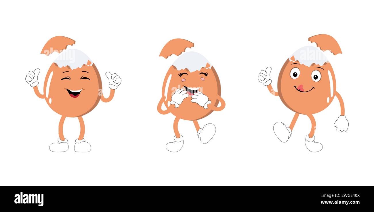 Happy egg cartoon mascot character, Cartoon egg giving thumb up, hand drawn cartoon kawaii vector illustration. Retro Easter with different emotions Stock Vector