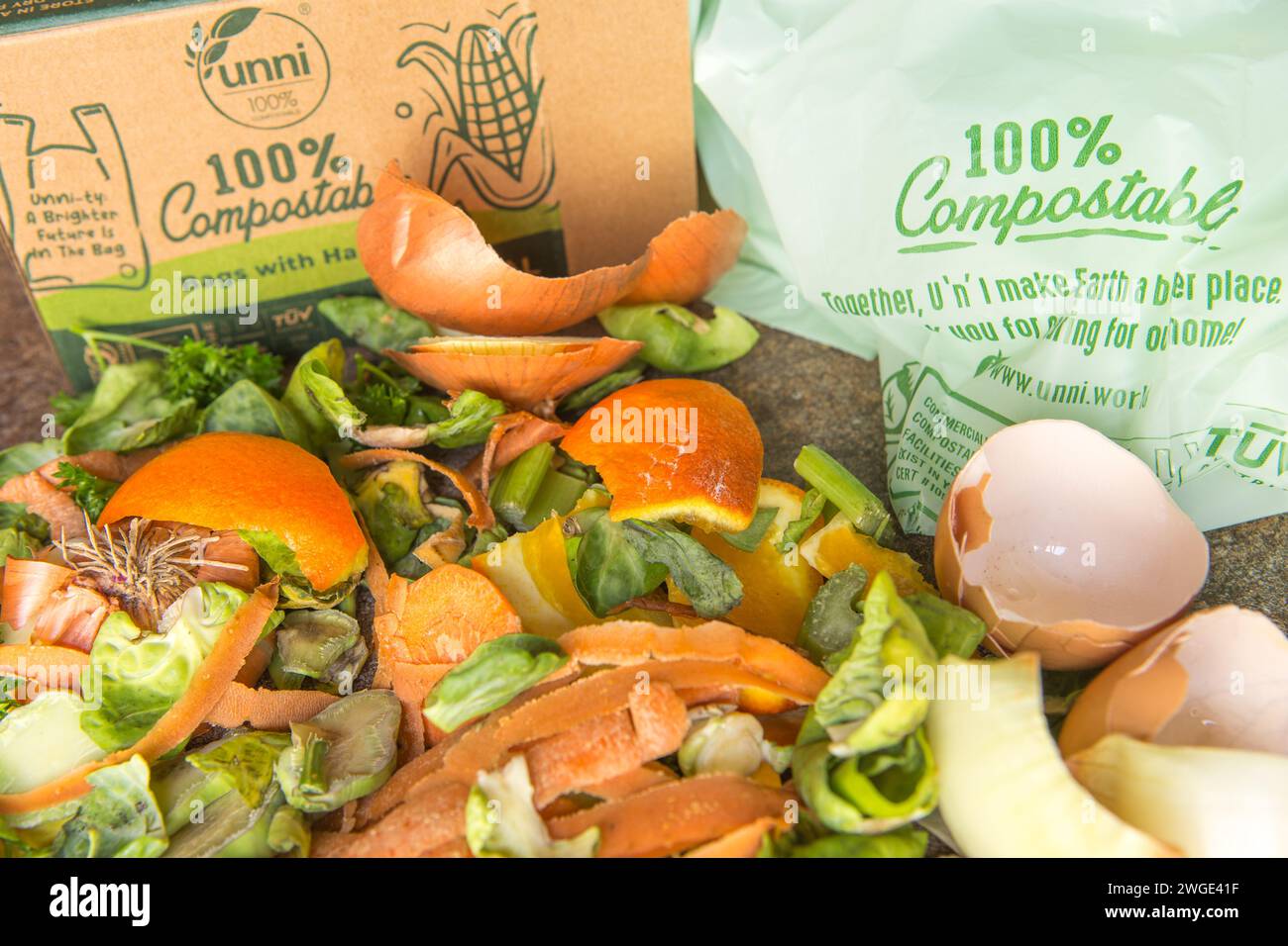 100% compostable bags and food waste for composting California USA Stock Photo