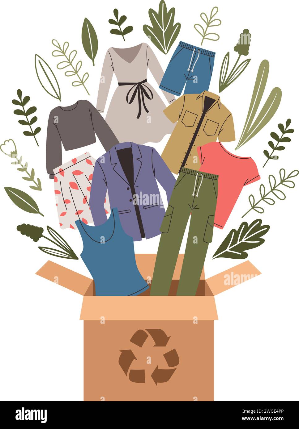 Vector illustration with the box and flying donation clothes for
