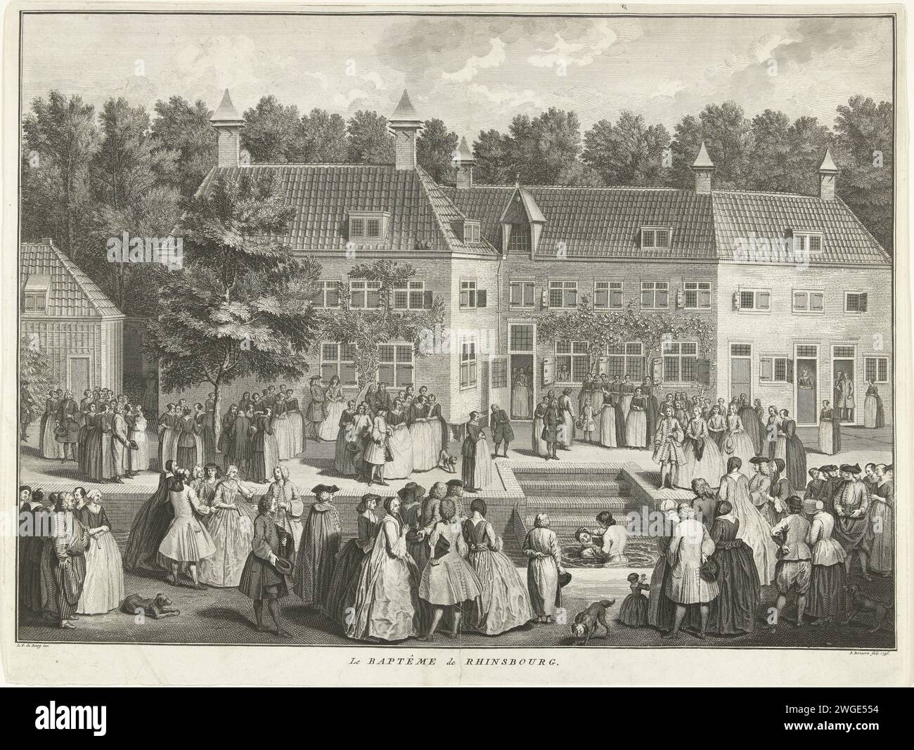 Baptism at the Rijnsburg Collegians, ca. 1735, 1736 print Baptismal ceremony at the Rijnsburg Colleagues, ca. 1735. Baptism by immersion of adults in a canal around the large house, attended by the members of the municipality. Northern Netherlands paper etching / engraving Baptism  Protestant service Rijnsburg Stock Photo