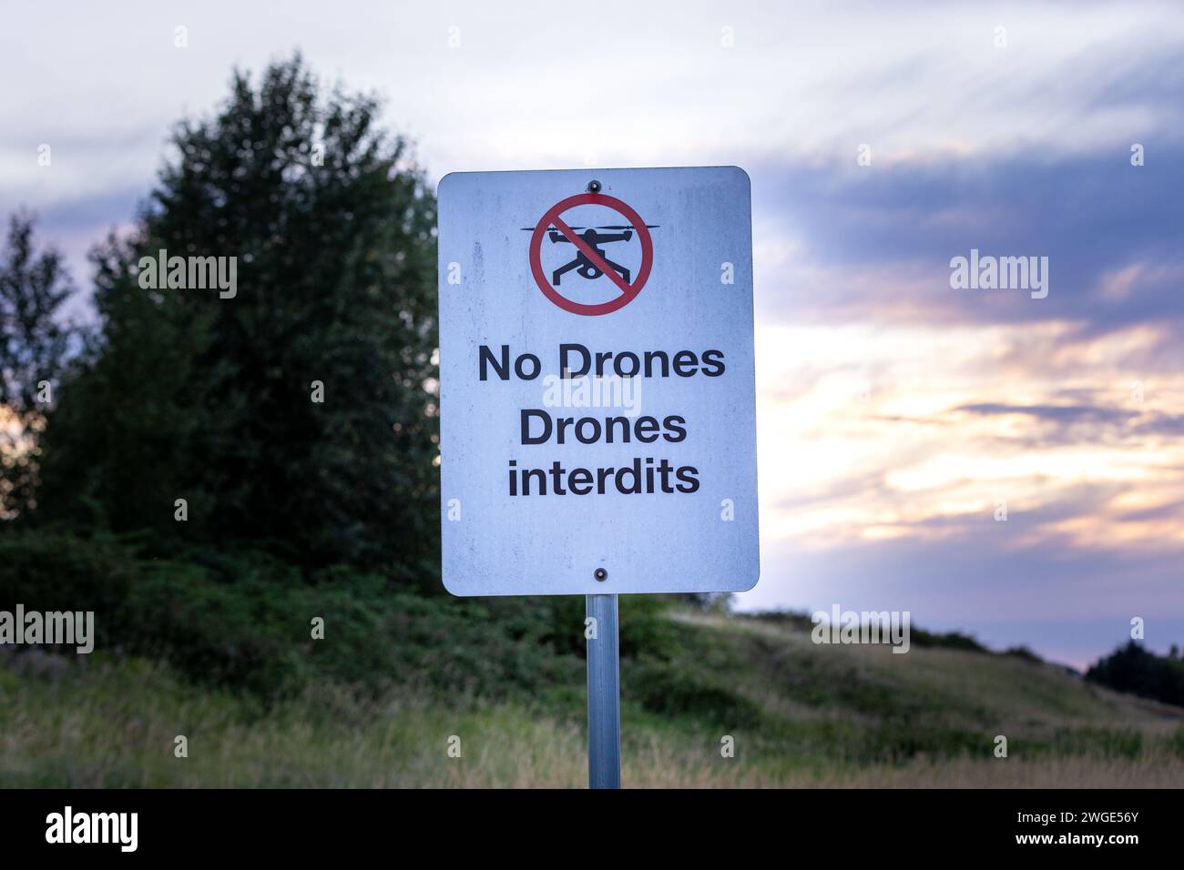 Warning 'no drone sign' near airport, prohibited, drone flight, drone law Stock Photo