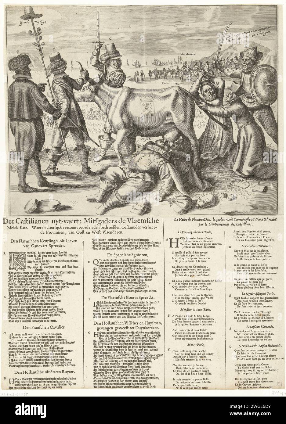 Cartoon on the Spanish loss of Dunkirk, 1646, 1646 print Cartoon on the conquest of Dunkirk by the French army on the Spaniards in 1646 and the deplorable state of the province of Flanders exploited by Spain. The dairy cow Flanders is taken by the Hoorns and led away by a Frenchman (French Cavalier) and a Dutchman (Staatse Ruiter). Under the cow are two Spaniards (Spanish signors) who drink full of the cow's udders. A Spanish Jesuit and a Flemish soldier try to keep the cow. Left front a Dutch sailor. In the background, a heavily loaded procession leaves for Spain. Under the print, a text shee Stock Photo