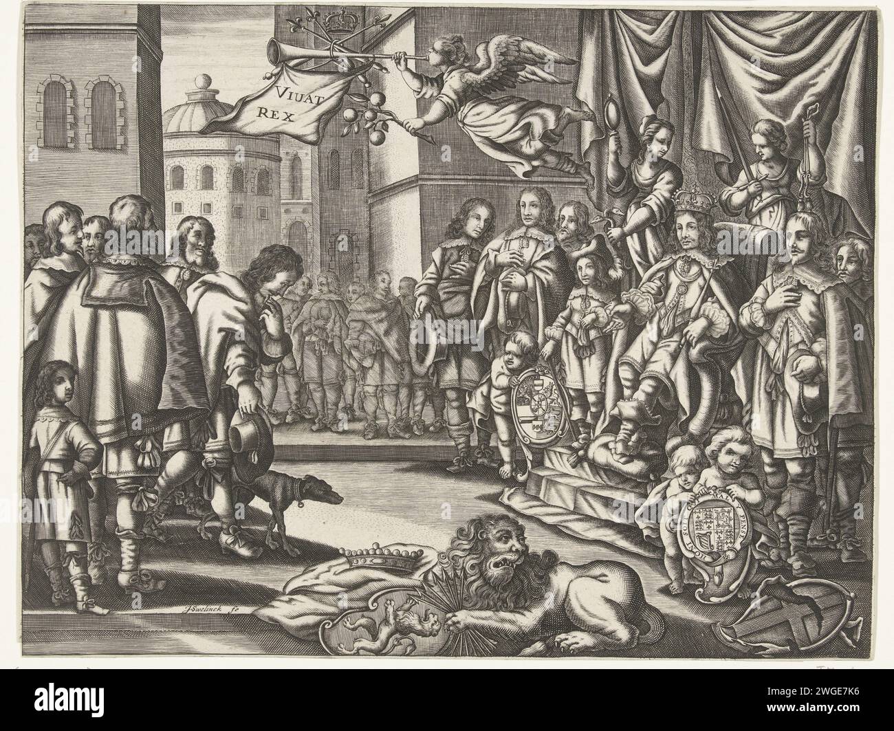 King Charles II with the support of the Republic on the throne of England, 1660, 1660 print Charles II King of England sitting on the throne, 1660. On the right the king on his throne surrounded by counselors, personifications of virtues caution and justice, at his feet putti with the weapons of the Prince of Orange and the English royal family of Stuart with the belt And the motto of the order of the garter. On the ground the broken weapon of England. On the ground the Hollandse Leeuw with the Wapen van Holland and the Pijlenbundel. In the air the fame with an orange branch and blowing on a t Stock Photo
