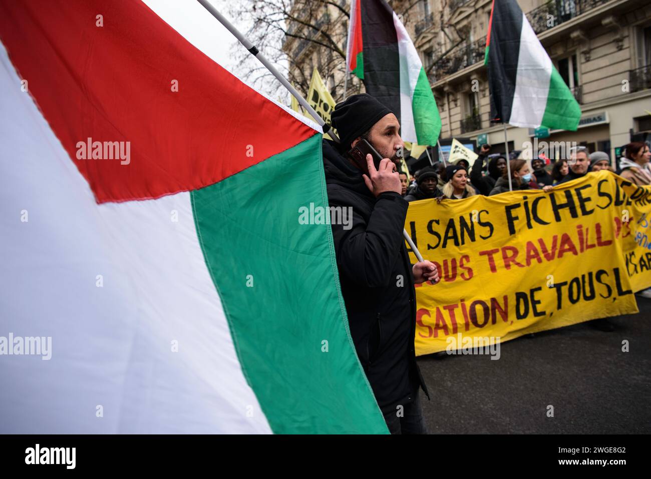 Paris, France. 03rd Feb, 2024. © Mathieu Pinard Baillet/Le Pict/MAXPPP - Paris 03/02/2024 Mathieu Pinard Baillet/Le Pictorium - 03/02/2024 - France/Ile-de-France/Paris - manifestation pour la palestine et Gaza a Paris avec des slogans contre le massacre des civils et des journalistes a Gaza - Valeurs ACtuelles out, no jdd, jdd out, RUSSIA OUT, NO RUSSIA #norussia/03/02/2024 - France/Ile-de-France (region)/Paris - demonstration for Palestine and Gaza in Paris with slogans against the massacre of civilians and journalists in Gaza Credit: MAXPPP/Alamy Live News Stock Photo