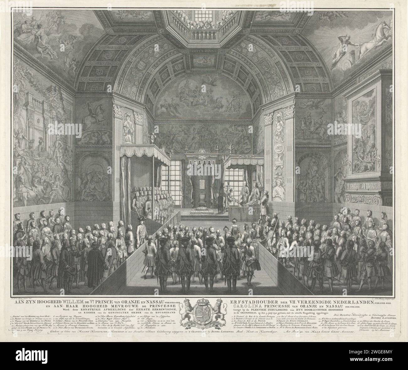 Inauguration of Prince William V as Knight in the Order of the Garter Band, 1752, 1757 print The solemn inauguration of Prince William V to Knight in the Order of the Garter Band, in the Oranjezaal in the Huis ten Bosch Palace, 5 June 1752. The prince will be handed over the order chain in front of the many attendees. In the album the caption with the legend 1-23 in Dutch and French and the prince's weapon. print maker: Northern Netherlandspublisher: The Hague paper etching / engraving knighting ceremonies Palace Huis ten Bosch Stock Photo