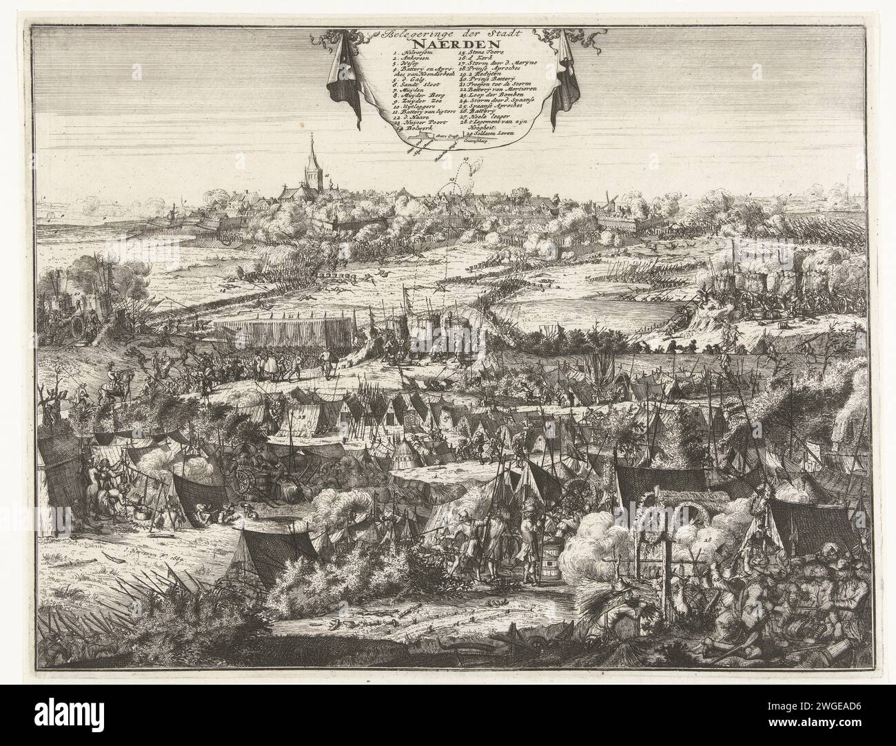 Siege and conquest of Naarden, 1673, 1684 print Siege and conquest of Naarden by the Prince of Orange, 12 September 1673. In the foreground scenes from the soldier life in the army camp. In the distance the siege and the storming of the city. At the top a hanging cloth with title and legend 1-20. Northern Netherlands paper etching / engraving siege, position war. capture of city (after the siege). (military) camp with tents Naarden Stock Photo