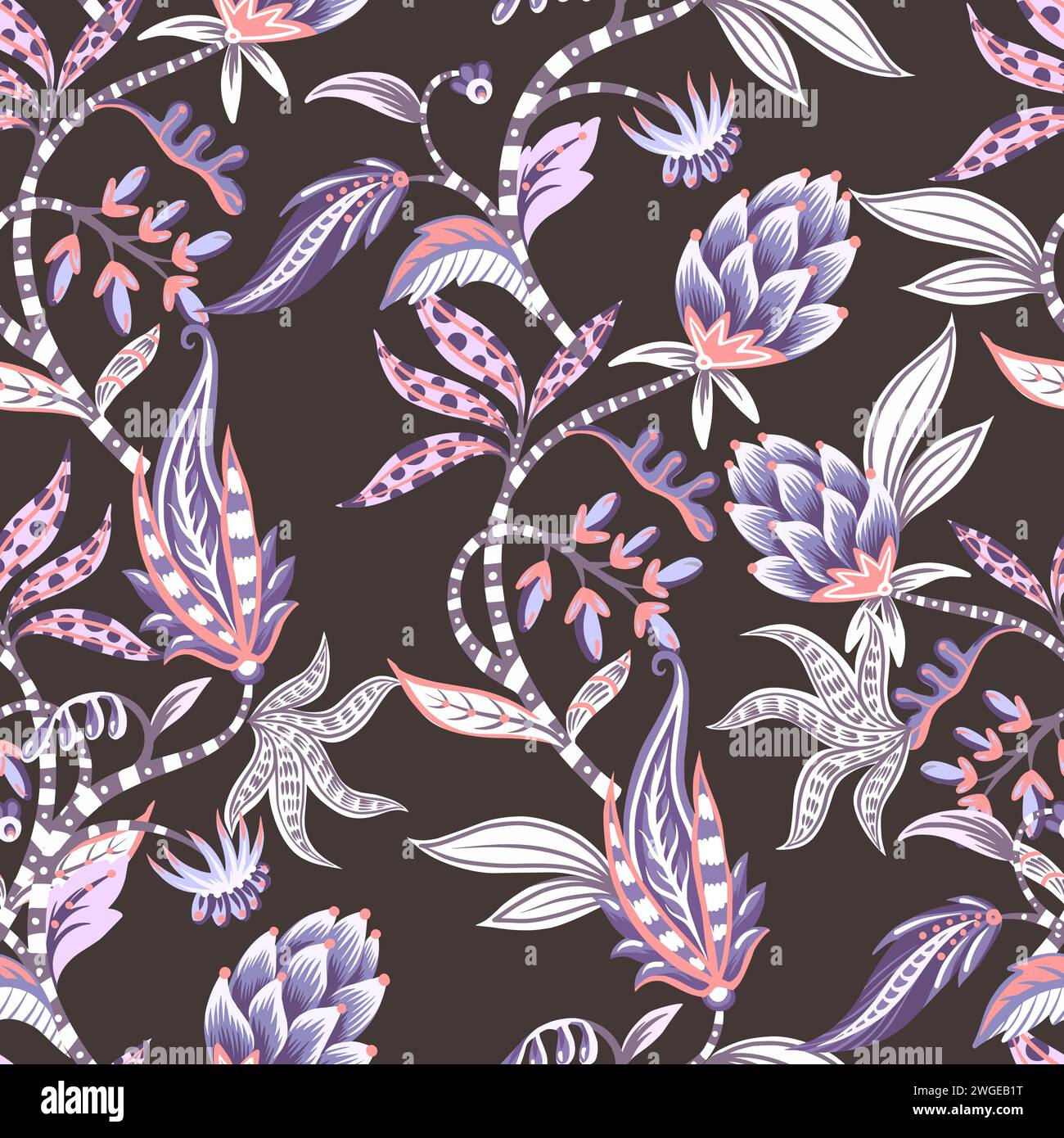 Chintz seamless pattern with flowers and leaves. Vector. Stock Vector
