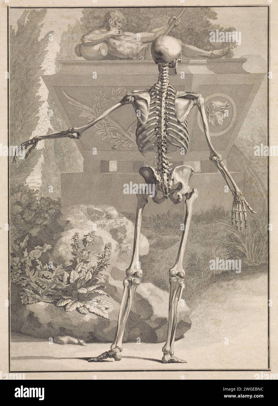 Skeleton at a tomb, Jan Wandelaar, 1747 print Landscape with a skeleton ...