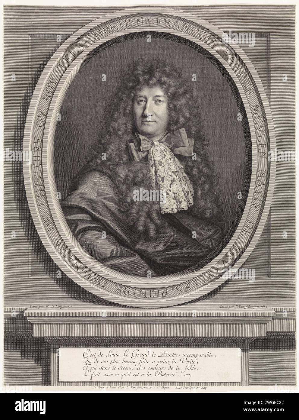 Portrait of Adam Frans van der Meulen, Pieter van Schuppen, After Nicolas de Largillière, 1687 print Portrait of Adam Frans van der Meulen, history painter of the French king Louis XIV. On the Pieth stable there is a praise on his truthful and unadorned representation of the king's feases. Paris paper engraving portrait, self-portrait of painter Stock Photo