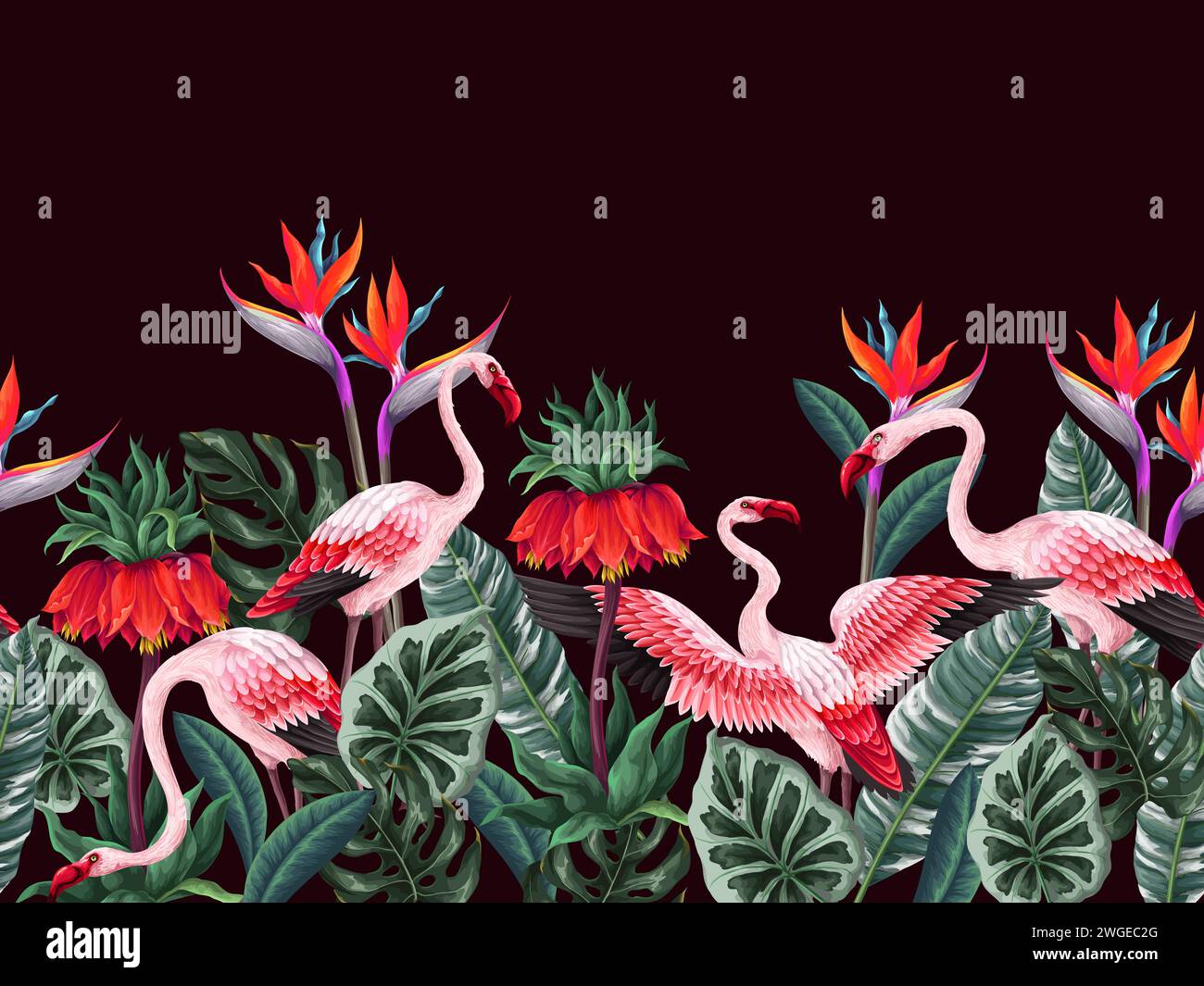 Border with pink flamingos and exotic flowers. Vector Stock Vector ...