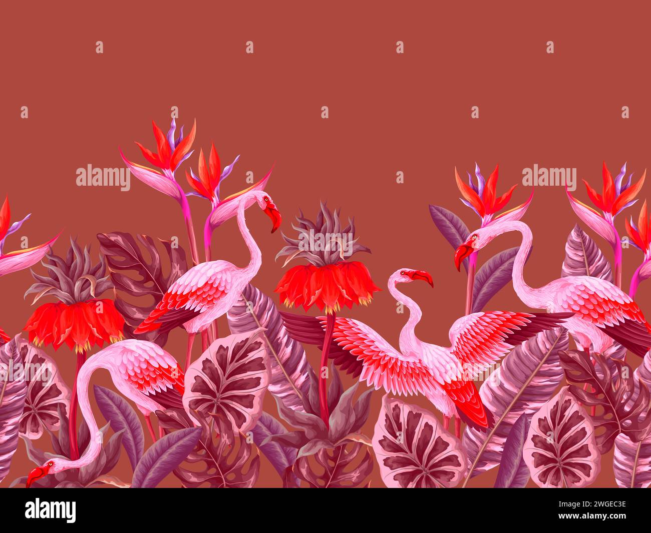 Border with pink flamingos and exotic flowers. Vector Stock Vector ...