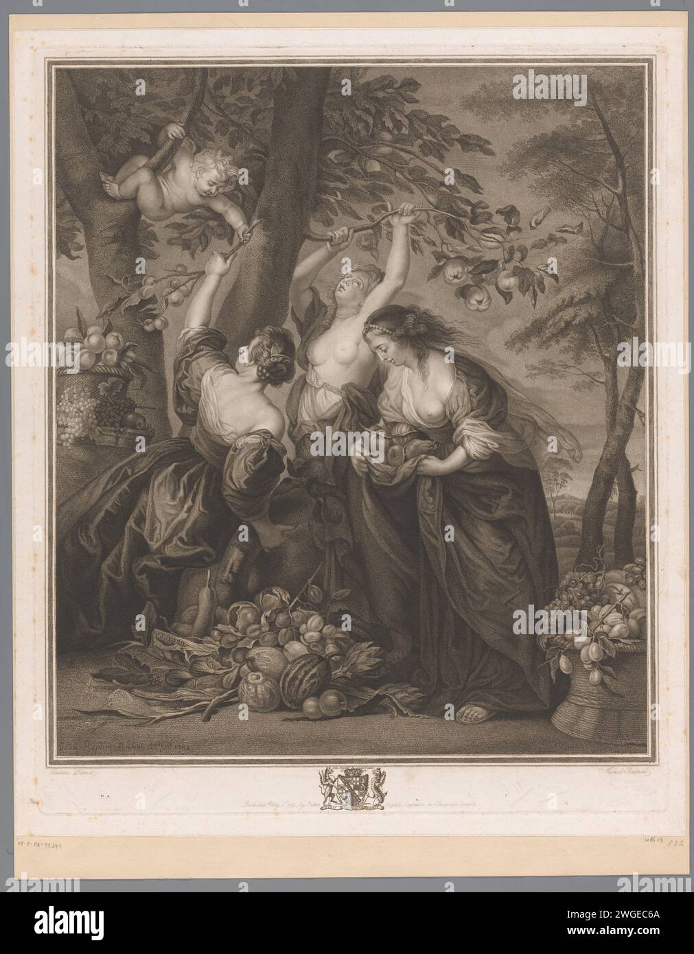 Three Gratives at an Appelboom, Jean Baptiste Michel, After Peter Paul Rubens, 1783 print  London paper engraving / etching Graces (Charites), generally three in number; 'Gratie' (Ripa). trees: apple-tree. armorial bearing, heraldry Stock Photo