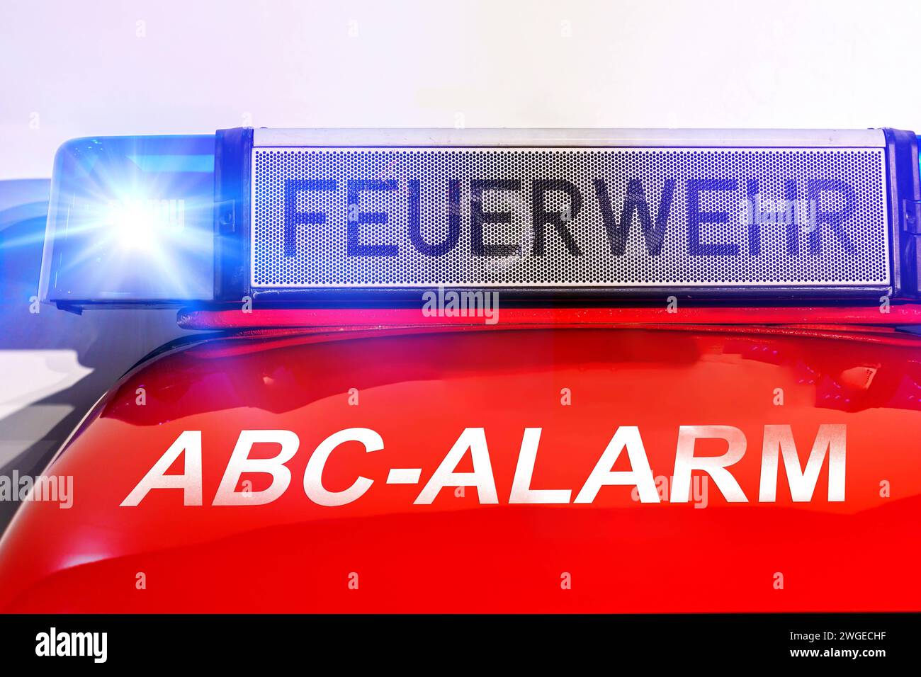 4 February 2024 Fire brigade in action with flashing blue light for an NBC alarm, signaling