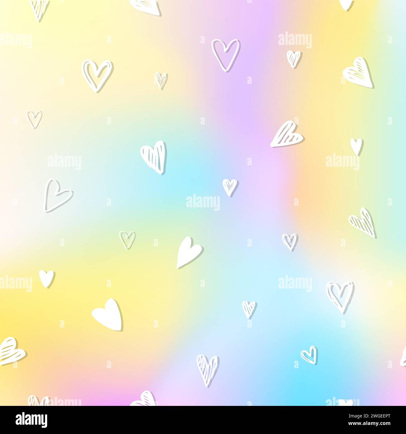 White hearts on abstract rainbow sky, decorative template Stock Vector