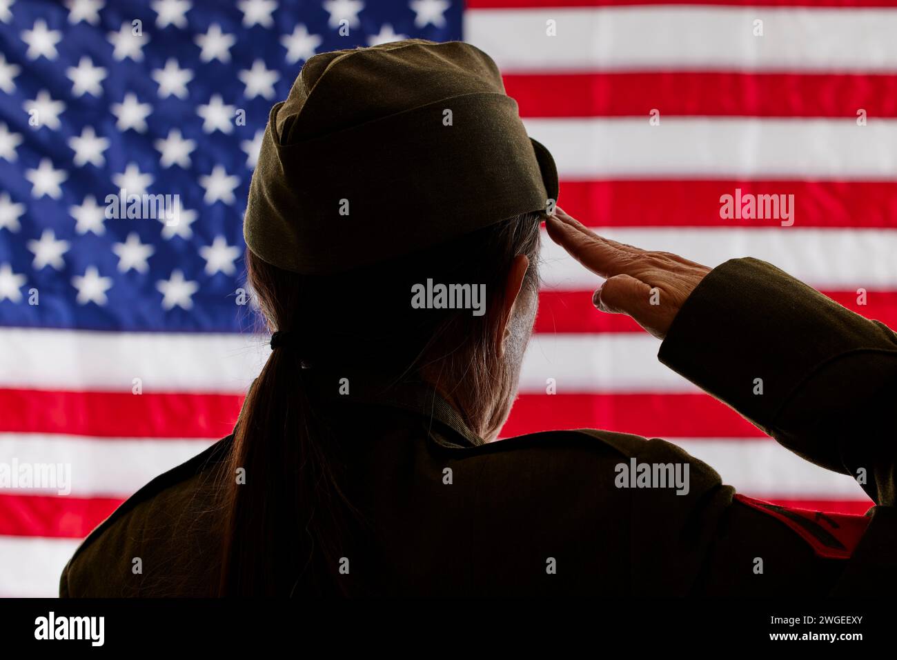 Female Soldier saluting the American Flag with shallow depth of field Stock Photo