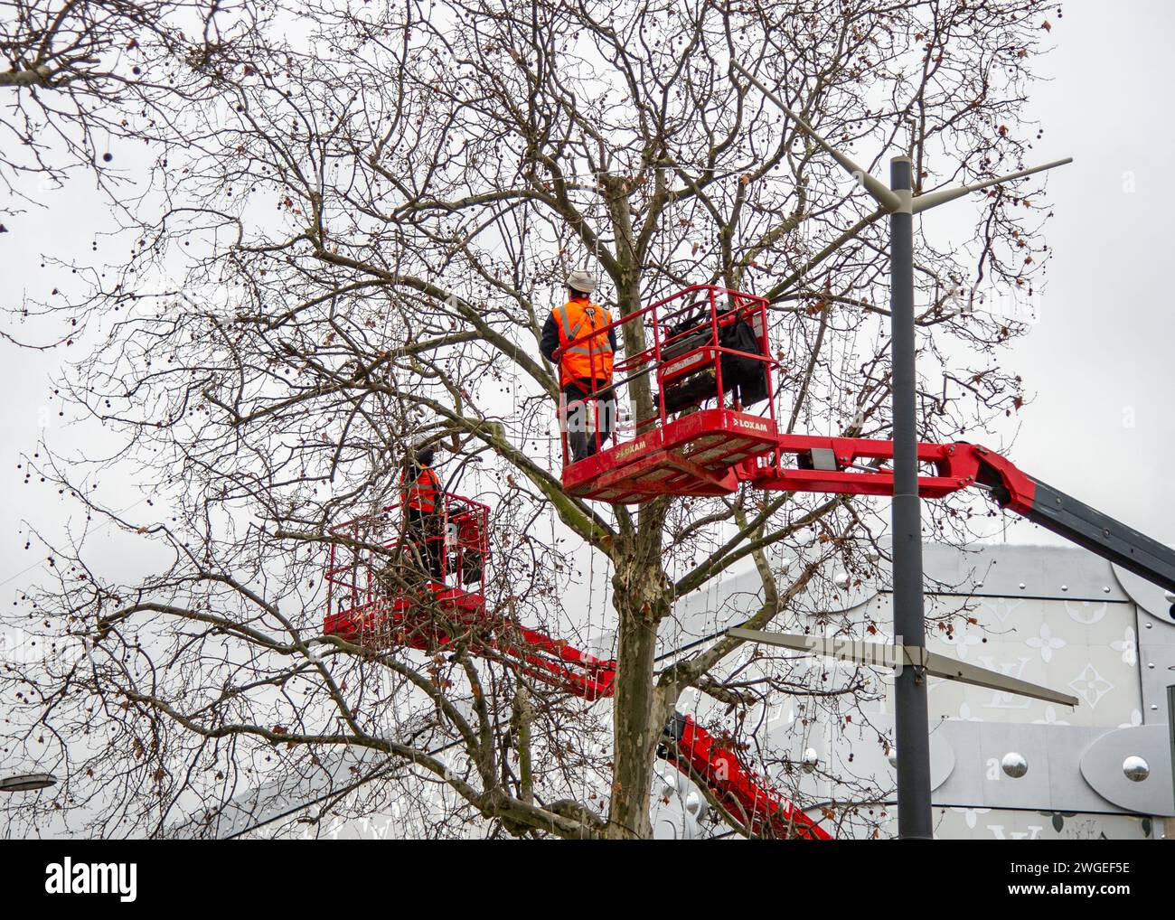 February 1 2024 Paris FranceChampsÉlyséesWorkers work in high
