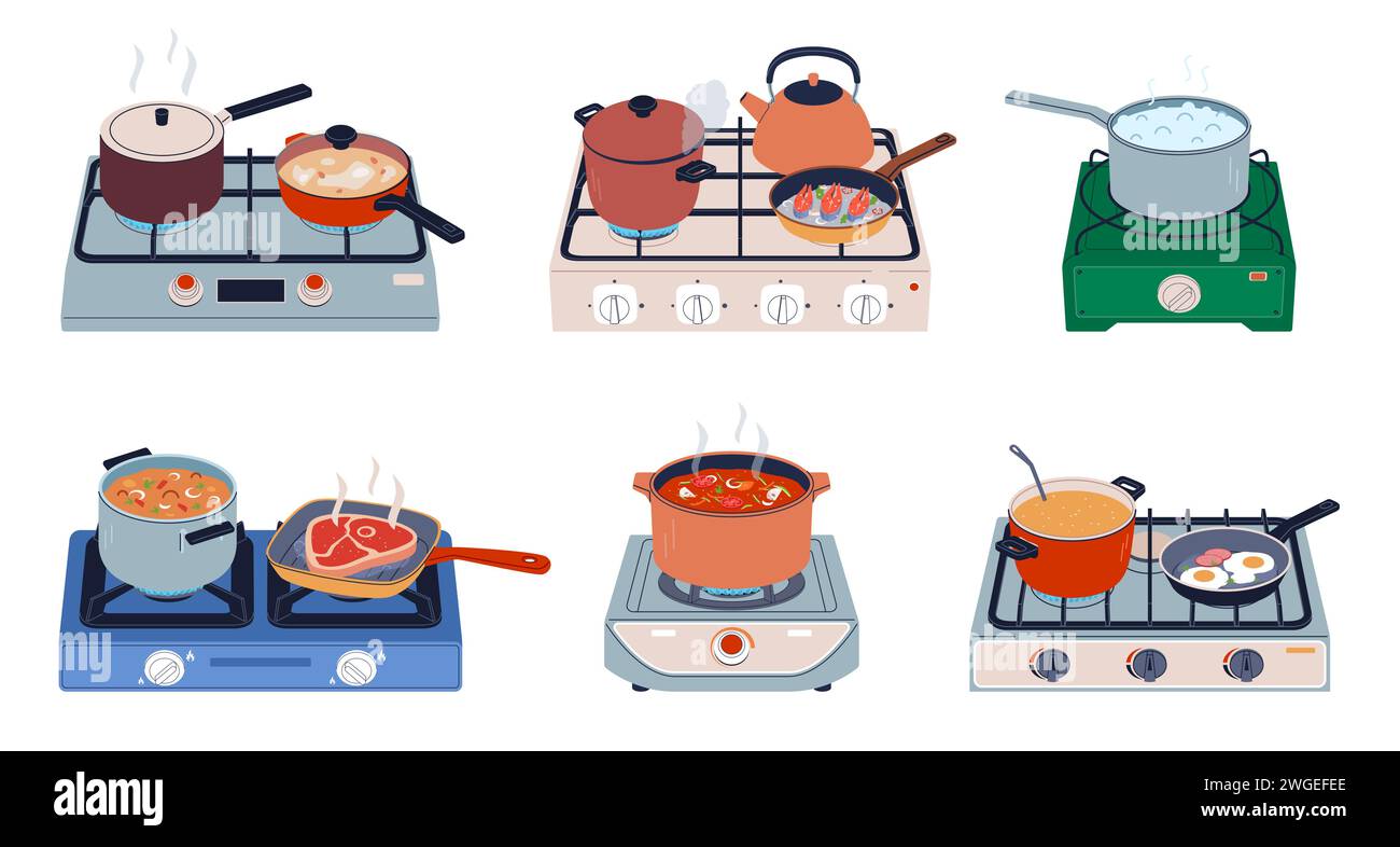 Food on stove. Portable gas hobs with kitchen utensils, dishes cooking