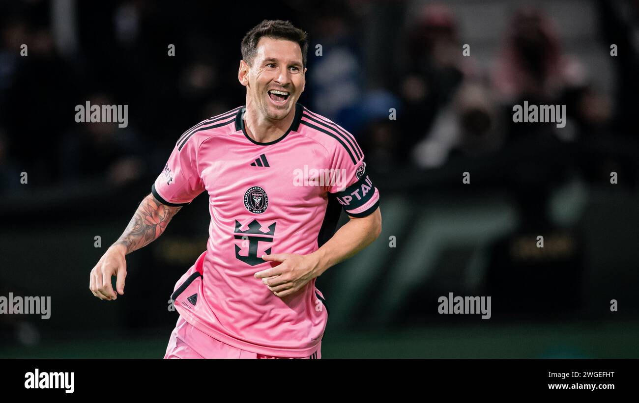 Lionel Messi #10 of Inter Miami FC celebrates after scoring during the Riyadh Season Cup match between Al-Hilal SFC and Inter Miami FC at Kingdom Arena on January 29, 2024 in Riyadh, Saudi Arabia. Photo by Saad Ratimi / Power Sport Images Stock Photo
