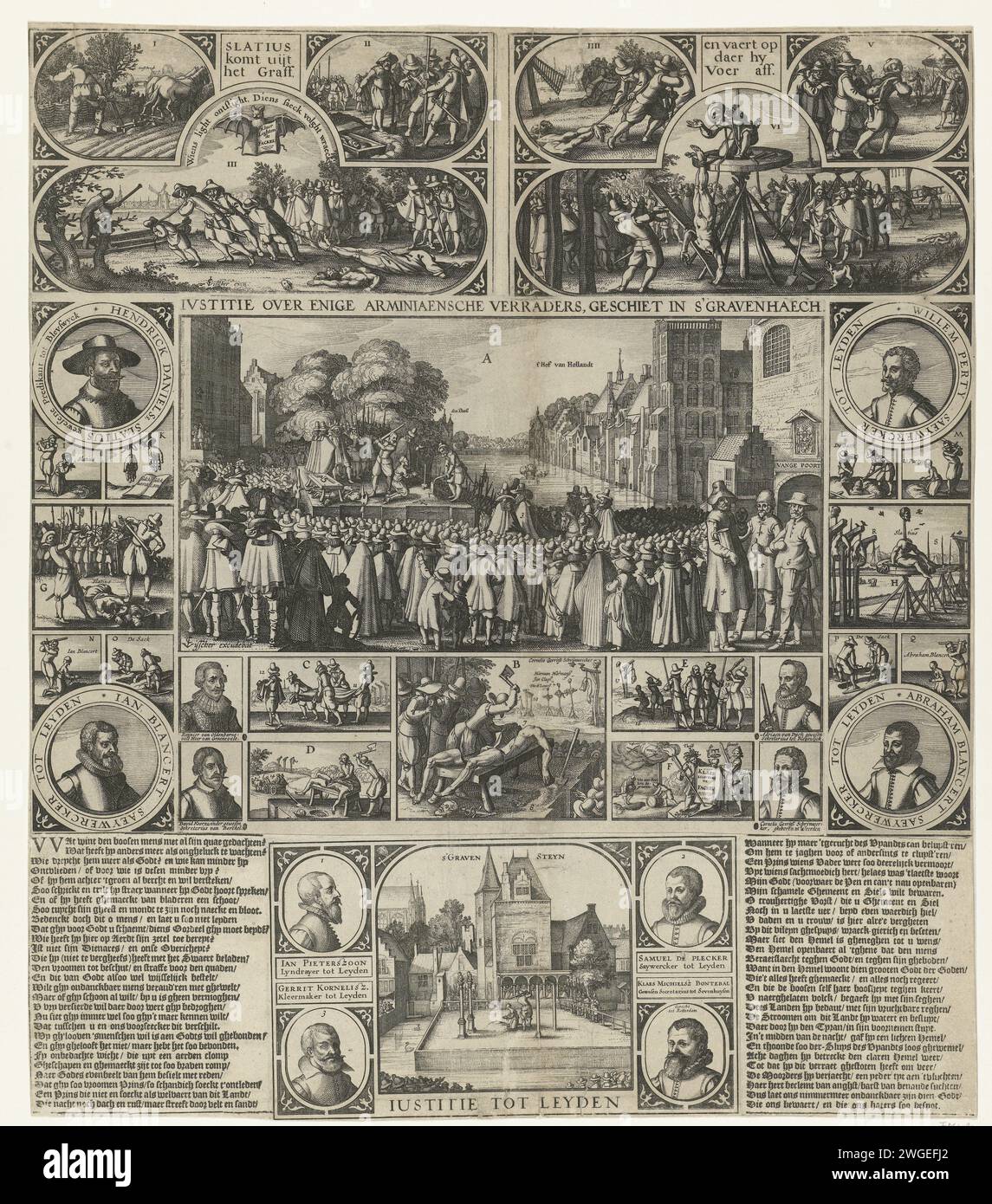 Jurisders against Maurits, 1623, 1623 print Large magazine with different representations of the execution of the conspirators against Maurits, 27 February, 29 March and 5 May 1623. Central the executions at the Hofvijver in The Hague. Portraits of the convicted people with their executions on either side. At the top representations of the find and hanging the body of Slatius, numbered I-Vi. At the bottom of the beheading of Arminians at the Gravensteen in Leiden on June 21, 1623, with four portraits. Hereby also two columns with text. This print also includes a text sheet. Amsterdam paper etc Stock Photo