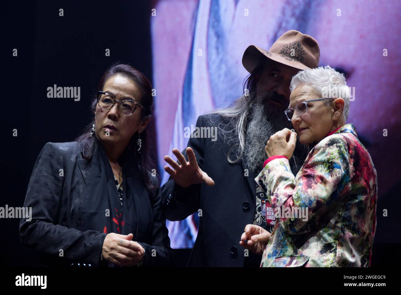 Paris, France. 2nd Feb, 2024. Junko Shimada, Filip Leu and Kari Barba attend at the contest for the best tattoo of day during the TATTOO PLANETARIUM Stock Photo