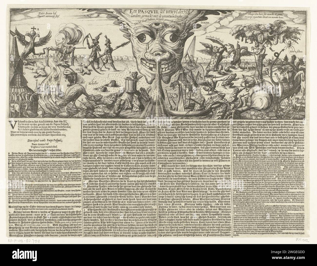 Answer to a Pater Arent pass against the Dutch, 1615, 1615 print Political allegory with the left the Roman representation of Father Arents against the Dutch, in the middle a monstrous head, on the right the anti-room answer in which the roles are reversed. On the left, the imperial eagle Gulik roasts on the spit. Spinola and the Duke of Parma mow the land of the rebels through which the frogs (the rebels) flee. On the river bank a German marten with a lute (Luther). On the left a church with a cage of geese (geuzen), on the right a church service of the frogs. On the right side, the frogs and Stock Photo