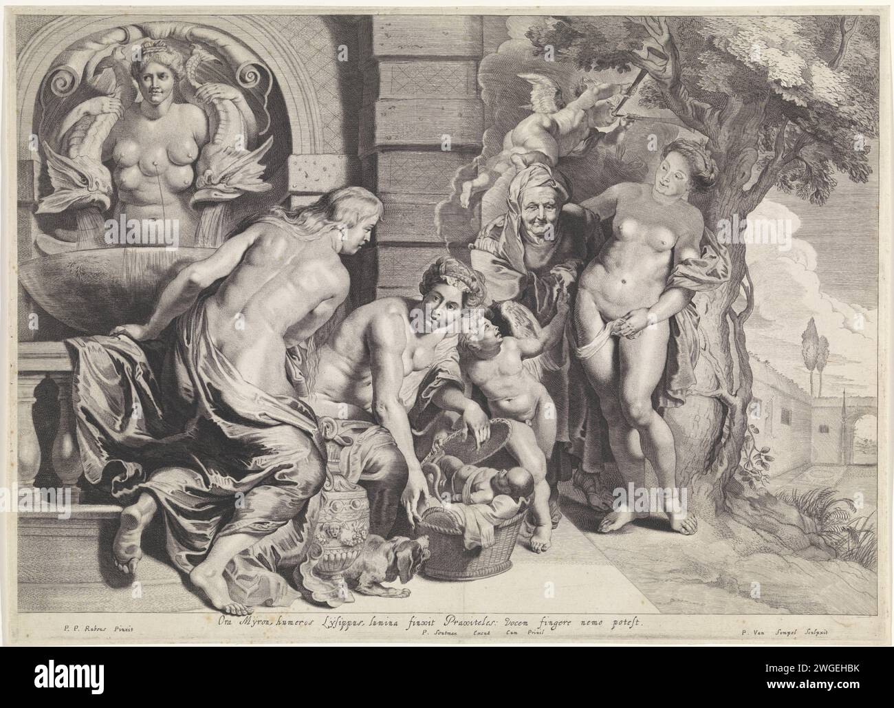 Erichthonius in his basket, Pieter van Sompel, after Peter Paul Rubens, 1615 - 1657 print The three daughters of King Cecrops open the basket with Erichthonius entrusted to them by Minerva. A dog grumbling together when he sees the legs of the baby, ending in snake tails. On the left a fountain with the representation of Diana van Ephesus, who here proposes Mother Earth (Gaea), the mother of the Kleine Erichthonius. Under the image a verse in Latin of the Polish poet Maciej Kazimierz Sarbiewski. Scene from Ovidius' Metamorphosen (with. II, 553-563).  paper engraving Erichthonius, hidden in a b Stock Photo
