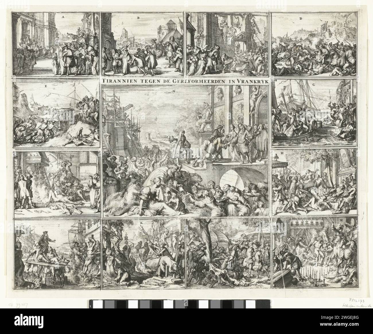 Persecution of the Protestants in France after the revocation of the Edict van Nantes, 1685-1686, 1686 print Persecution of the Protestants in France after the revocation of the Edict van Nantes, 1685-1686. Twelve small scenes illustrate the persecution of and the atrocities of the Huguenots in France. In the central large performance, the States and the Prince of Orange receive the French refugees in the Netherlands. The performances numbered A-N. Hereby two text magazines. Northern Netherlands paper etching execution of heretic, e.g. by burning at the stake, 'auto-da-fé'. violent death, bein Stock Photo
