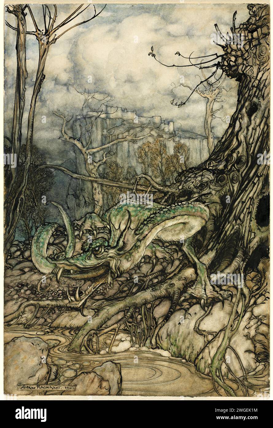 The Green Dragon.  Arthur Rackham.  1910.  Pen and ink with wash Stock Photo