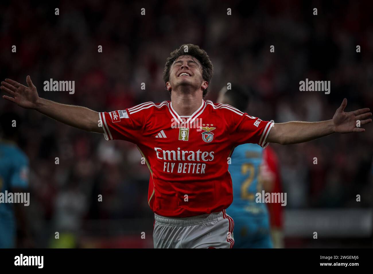 Lisbon, Portugal. 04th Feb, 2024. Lisbon, 01/04/2024 - Sport Lisboa e Benfica hosted Gil Vicente Futebol Clube this afternoon at Estádio da Luz in Lisbon, in a game counting for the twentieth round of the Primeira Liga 2024. João Neves celebrates the 2-0 ( Pedro Rocha/Global Imagens ) Credit: Atlantico Press/Alamy Live News Stock Photo