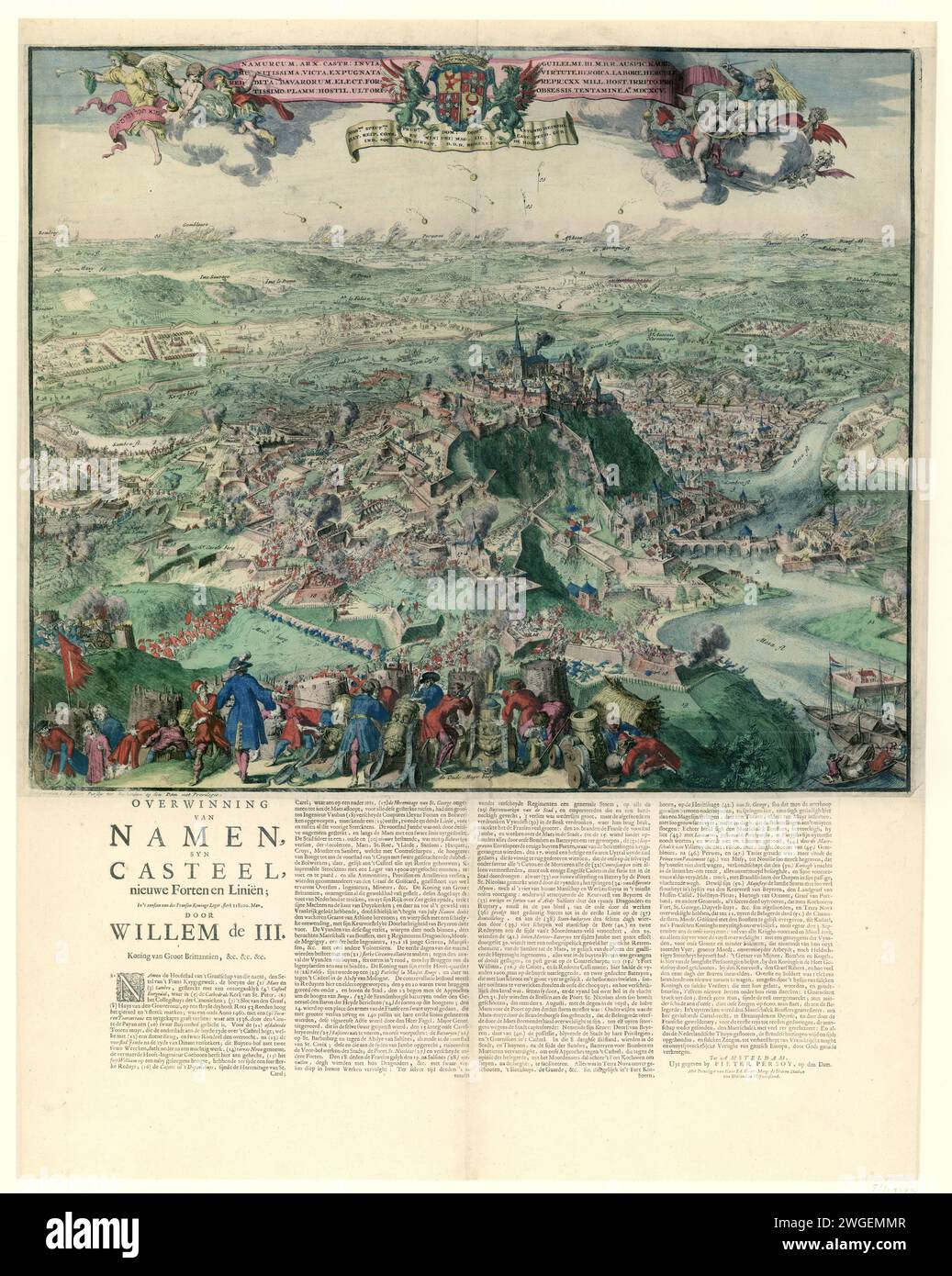 Siege and conquest of Namur, 1695, Romeyn de Hooghe, 1695 print The shooting of names and the citadel in 1695. Large colored print with a face on the city and the wider surroundings from the hills. In the air various allegorical figures around the weapon of Anthonie Heinsius to whom the print is dedicated by the Hooghe. Stuck under the show a text sheet with a statement of the figures 1-51 and a description of the course of the battle in 4 columns in Dutch. print maker: Northern Netherlandspublisher: Amsterdam paper etching / letterpress printing siege, position war. capture of city (after the Stock Photo