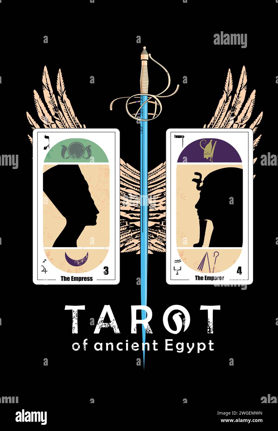 Tarot of ancient Egypt. T-shirt design of a winged sword and two tarot cards called The Empress and The Emperor isolated on black Stock Vector